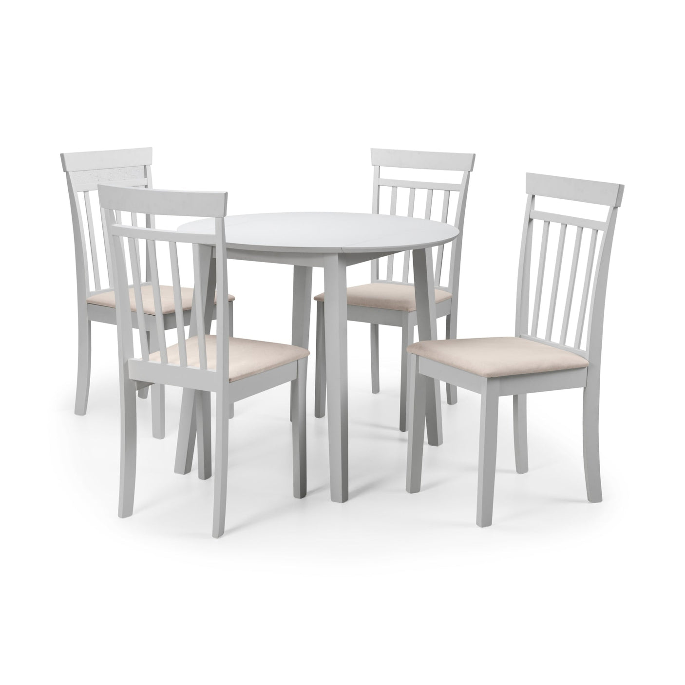 Set of four white dining chairs with beige seats around pale round dining table on white background.