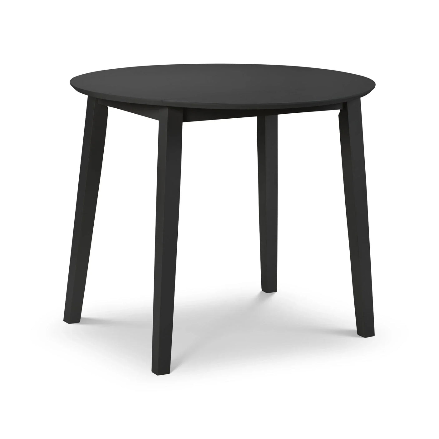 Black dropleaf dining table with four legs, shown from angled front view against white background