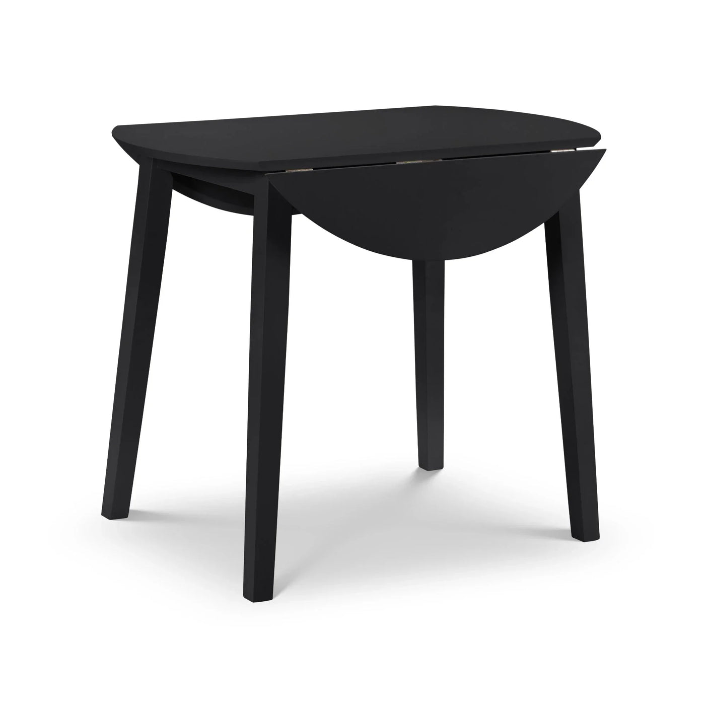 Black dropleaf dining table with four legs and folding side extension