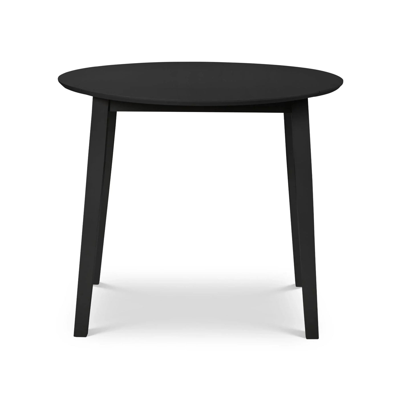 Black dropleaf dining table with round top and angled legs on white background