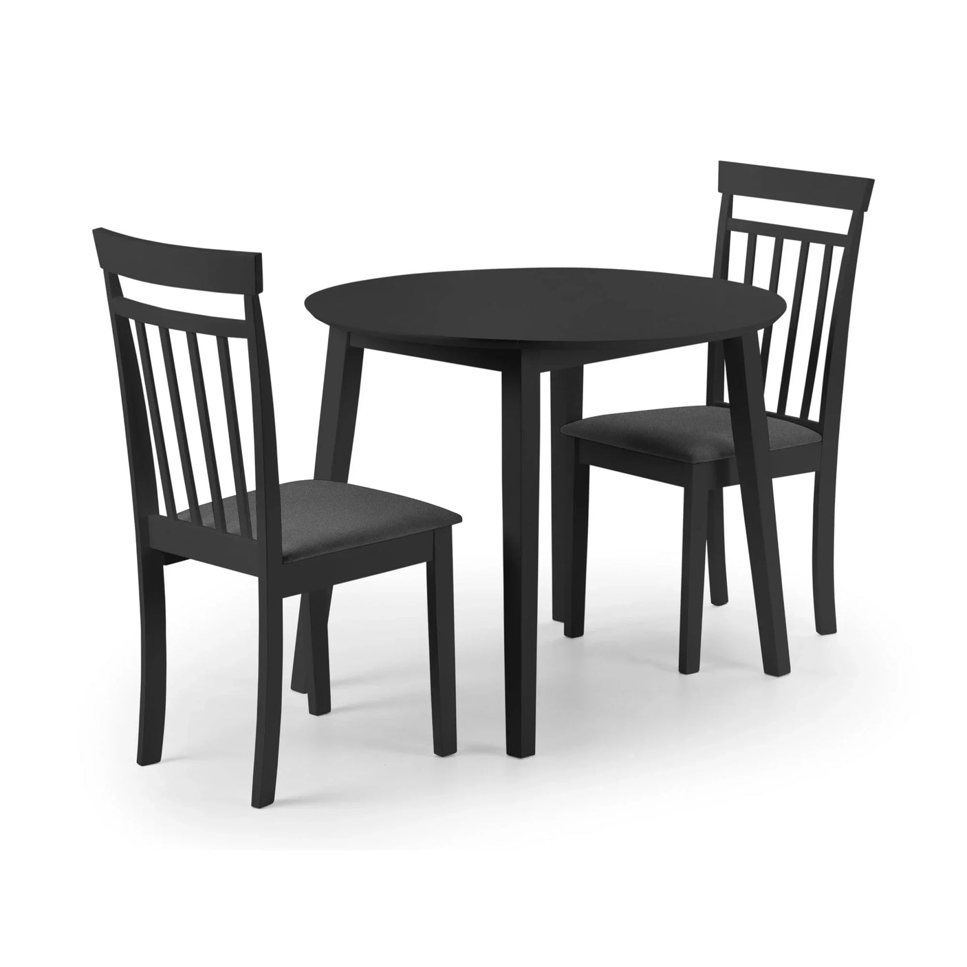 Black dropleaf dining table with two matching chairs on white background