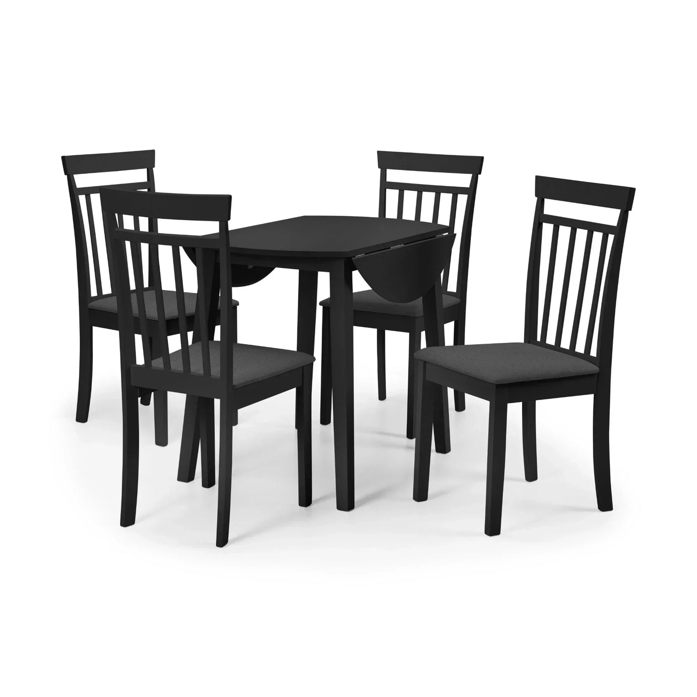 Black dropleaf dining table with four matching chairs on white background