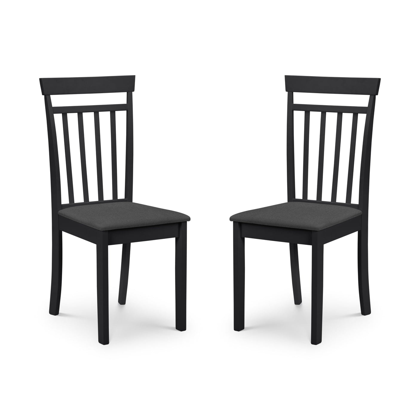 Two black wooden dining chairs with vertical slats and dark grey cushioned seats, side view