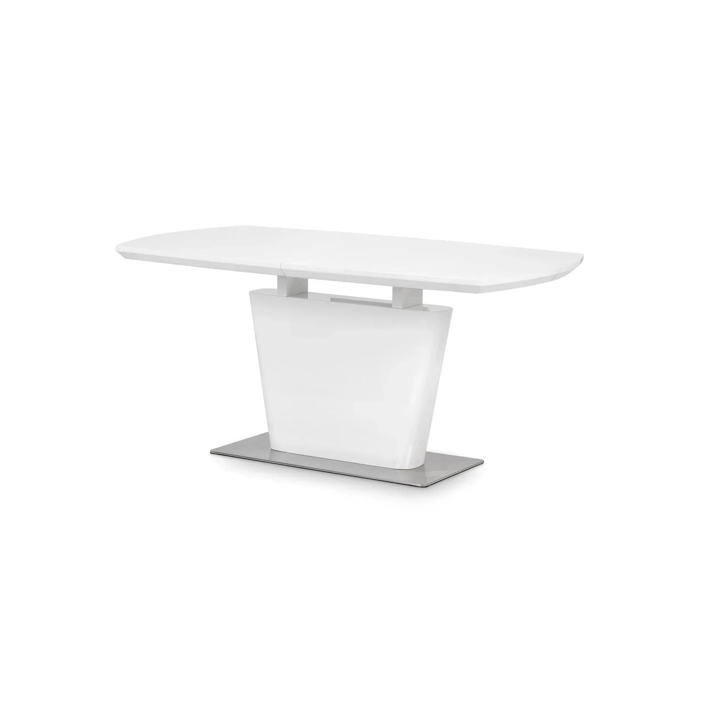 White gloss dining table with pedestal base and rectangular top, angled side view