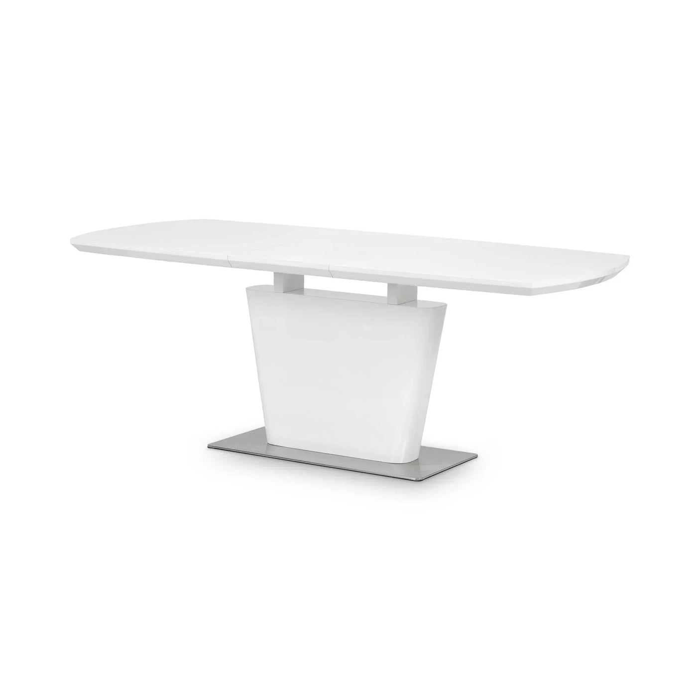 White high gloss dining table with rectangular top and modern pedestal base