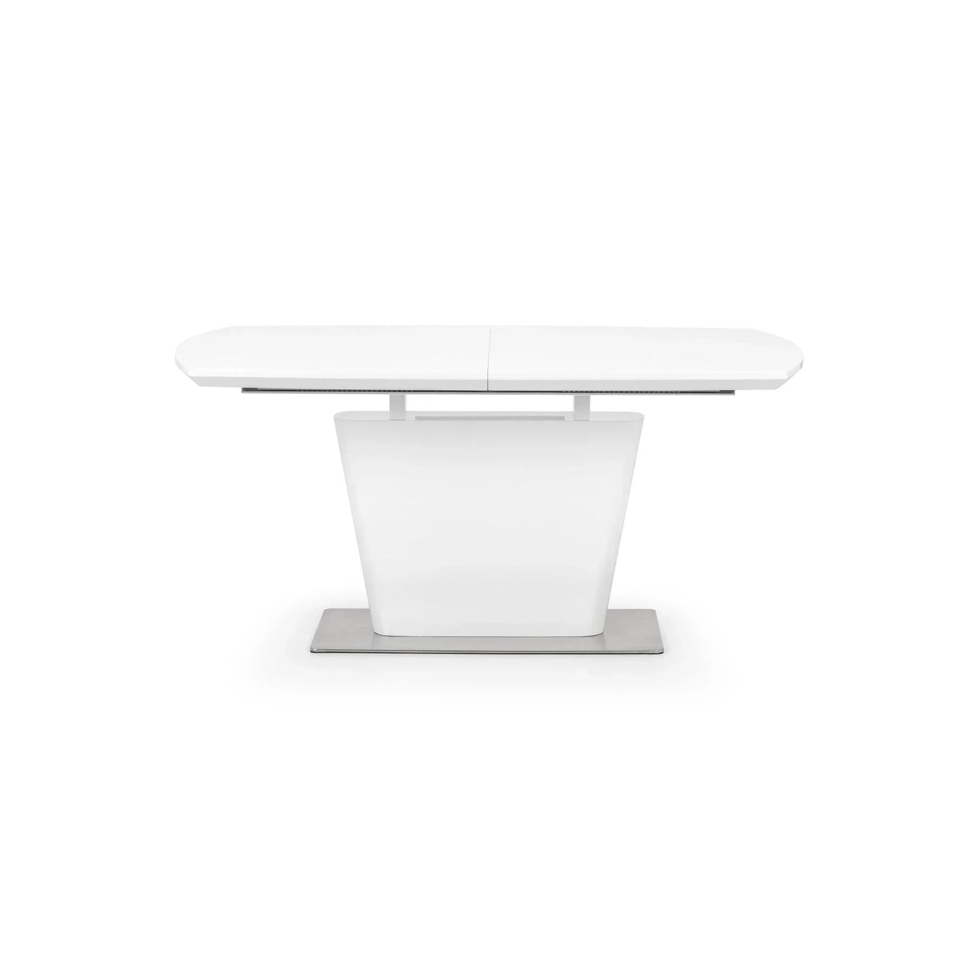 White modern dining table with high gloss finish and rectangular pedestal base