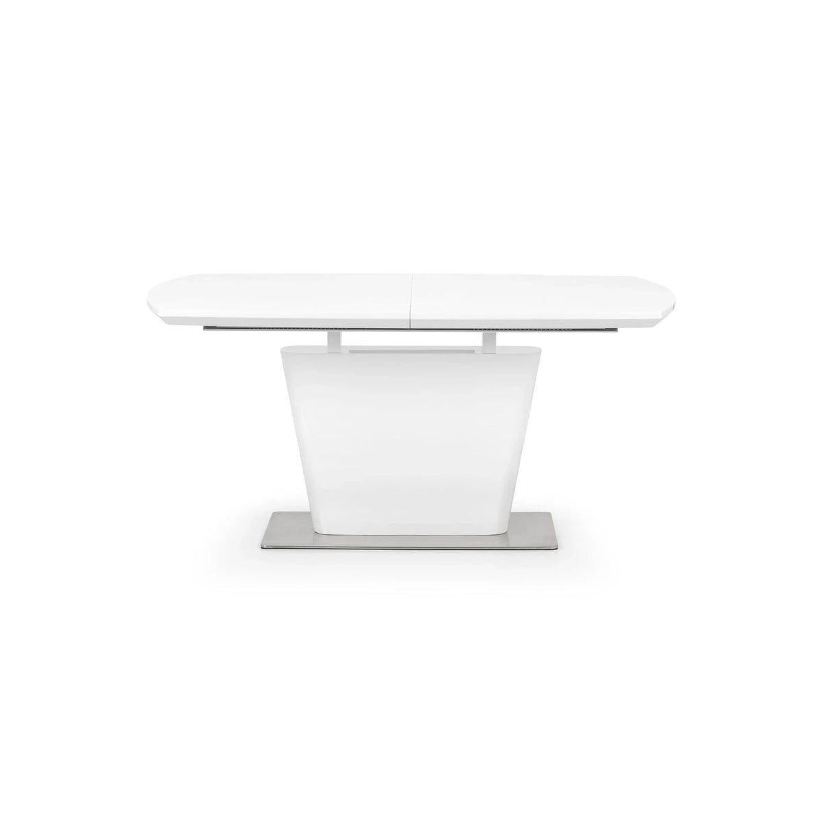 White high-gloss extending dining table with a pedestal base, product shot on white background