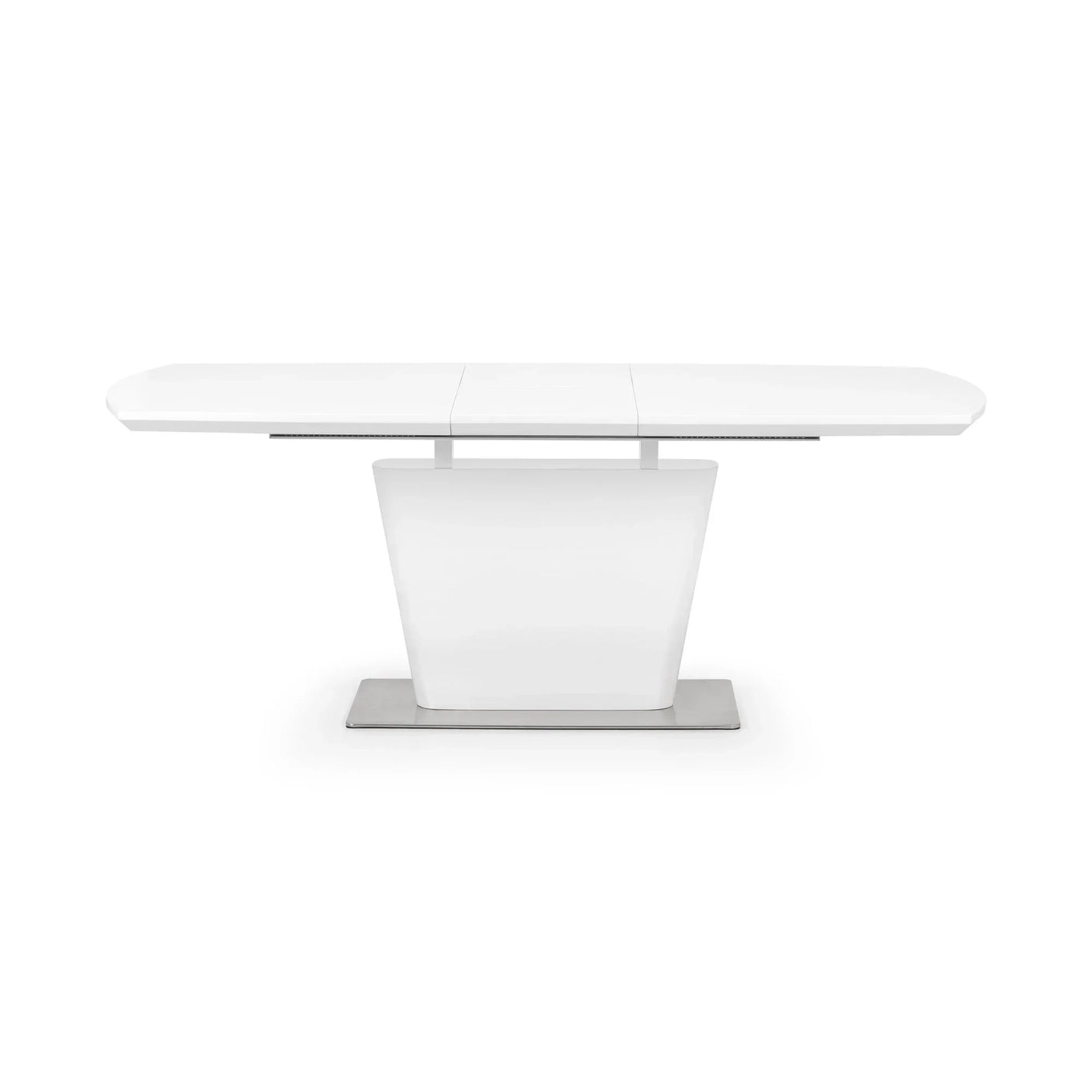 White extendable dining table with modern pedestal base and rectangular top
