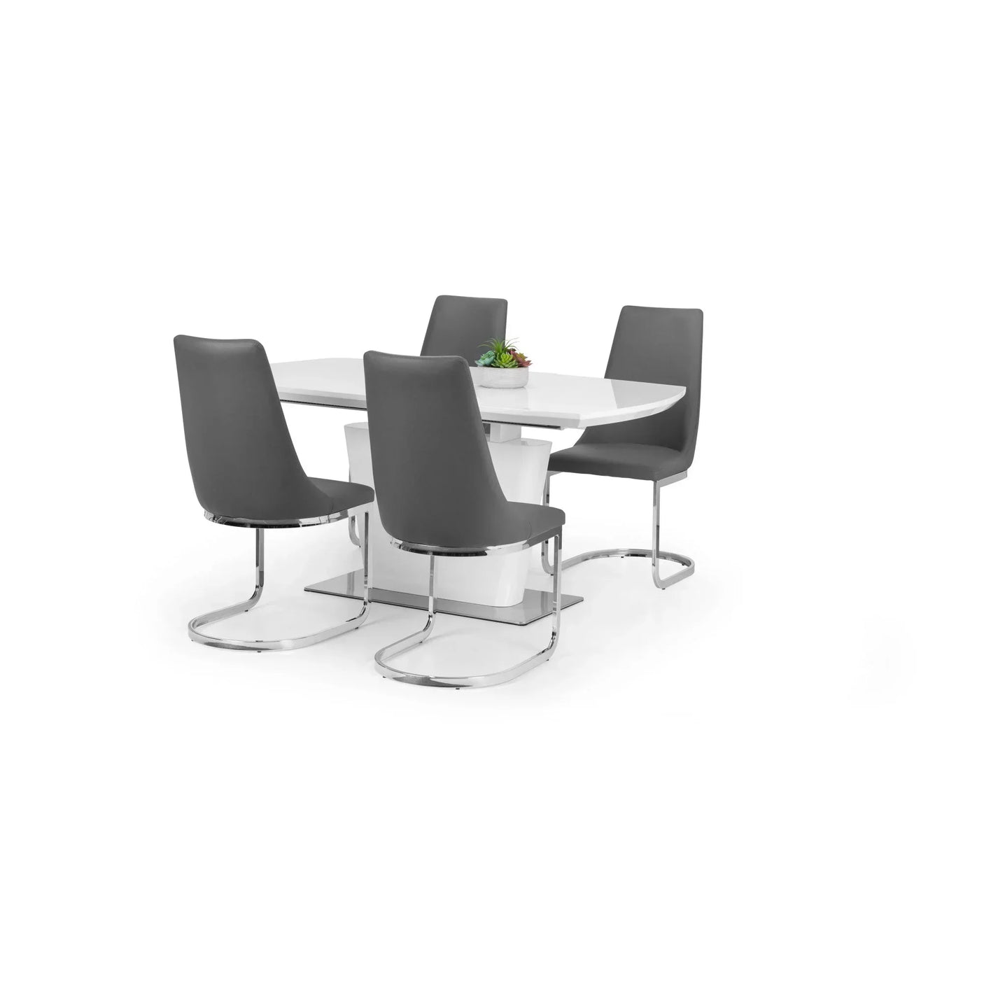Modern dining table set with white gloss table and four grey faux leather chairs