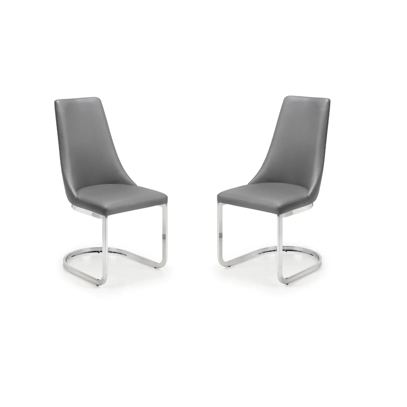 Set of two grey dining chairs with chrome cantilever legs on white background