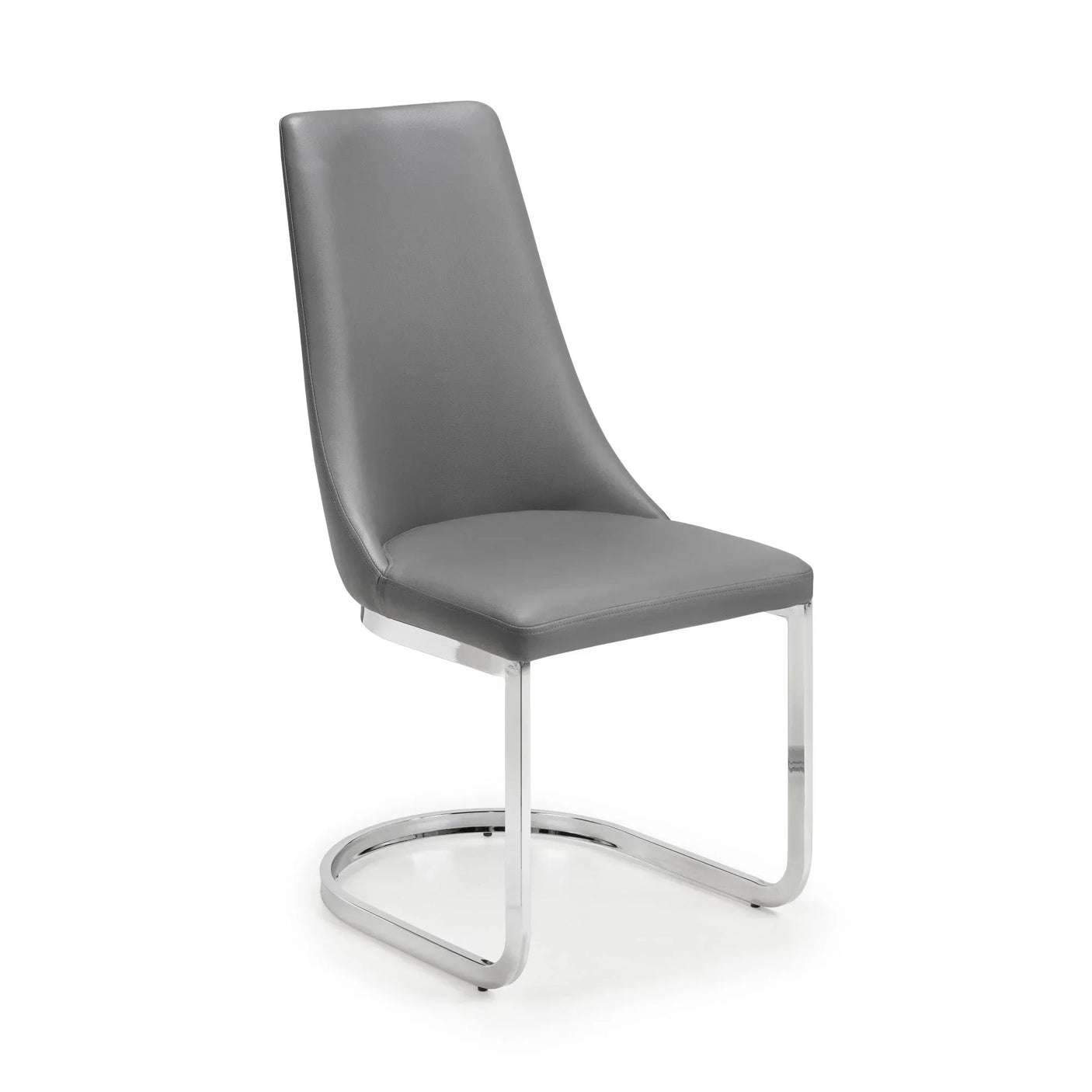 Grey faux leather dining chair with chrome cantilever base, side view