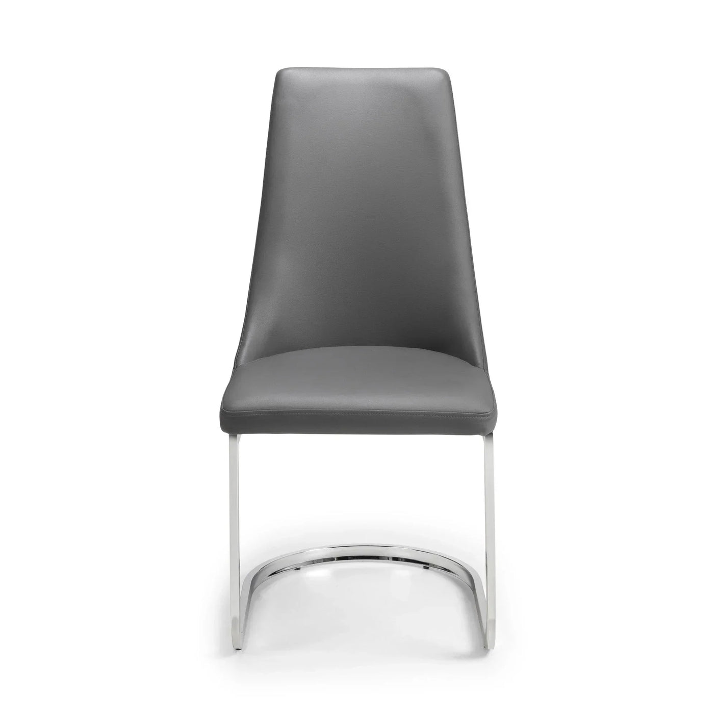 Grey faux leather dining chair with chrome cantilever base, front view