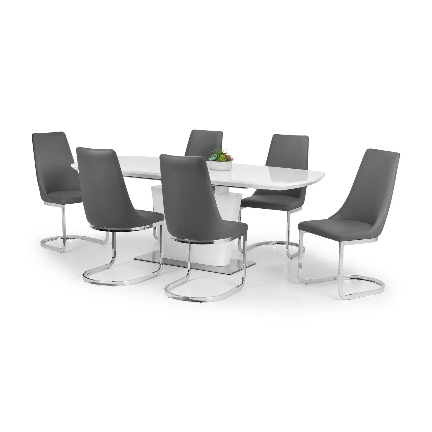 Modern dining table with glossy white top and six grey chrome-leg chairs