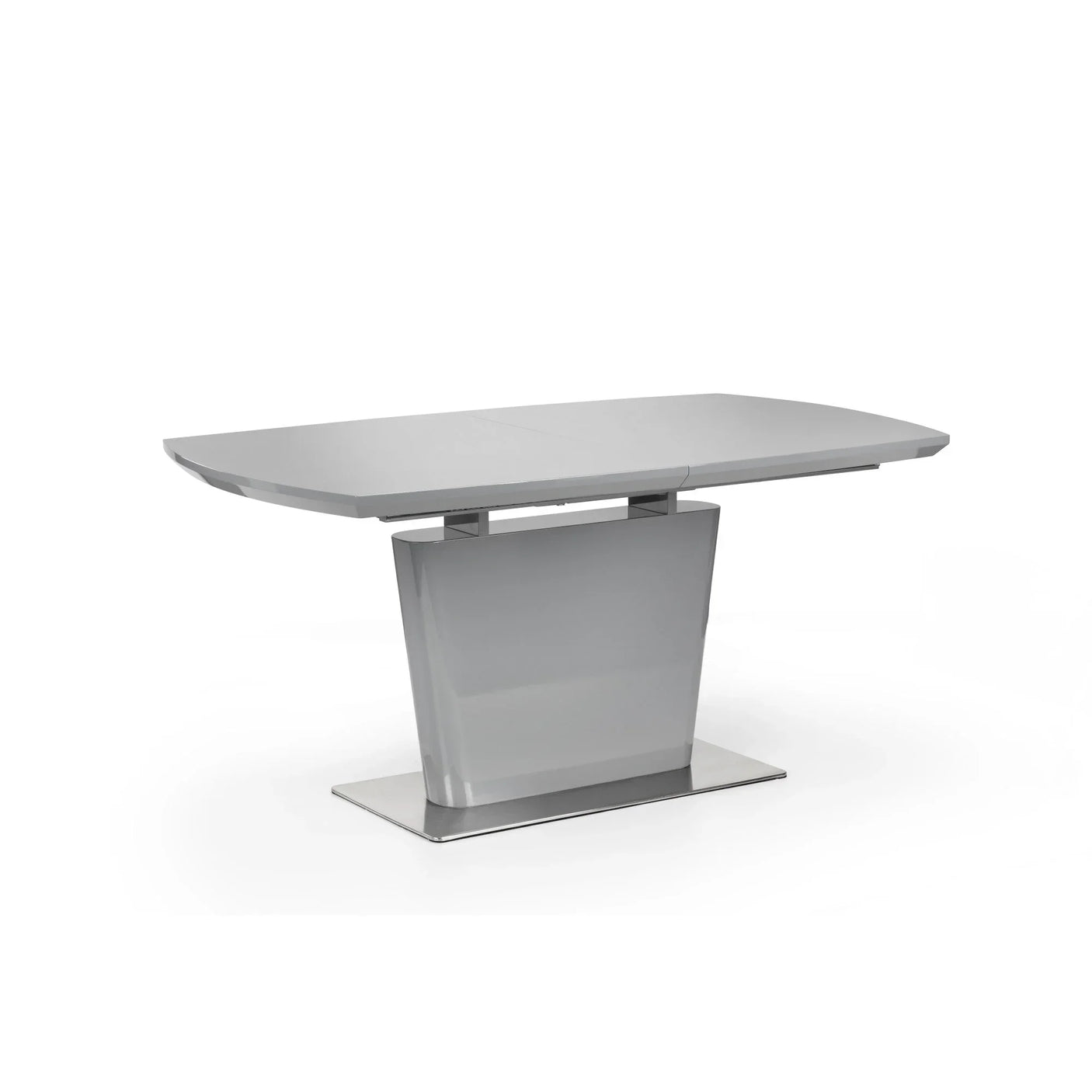 Grey high gloss dining table with rectangular top and modern pedestal base