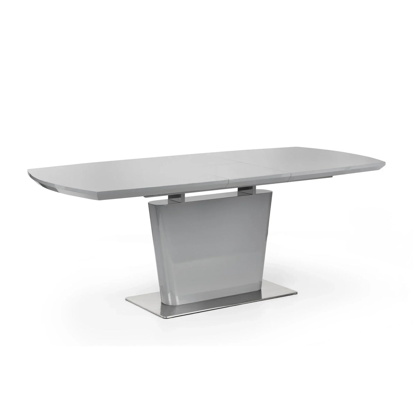 Modern grey high gloss dining table with pedestal base and rectangular top