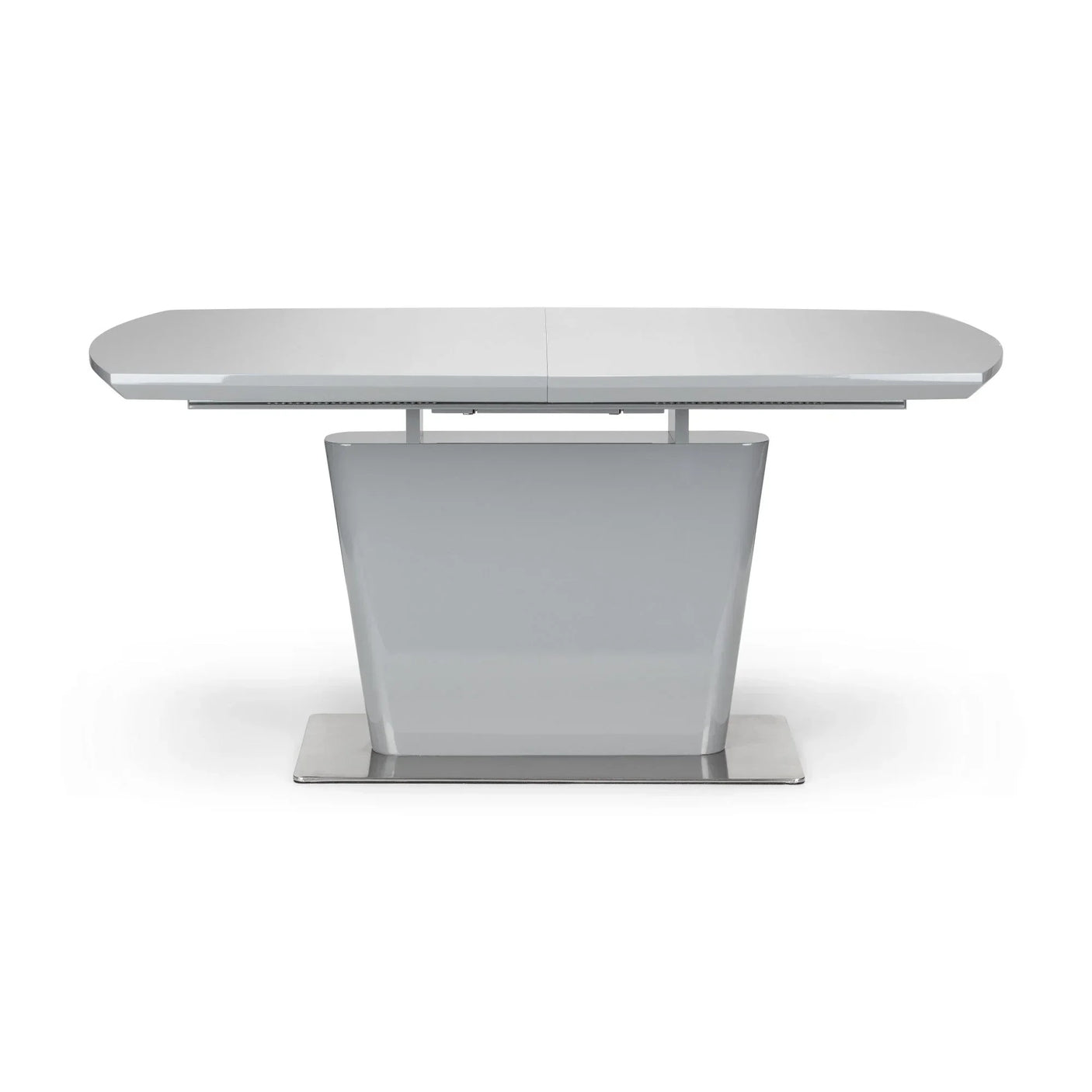 Gloss grey dining table with pedestal base and rectangular top, front view