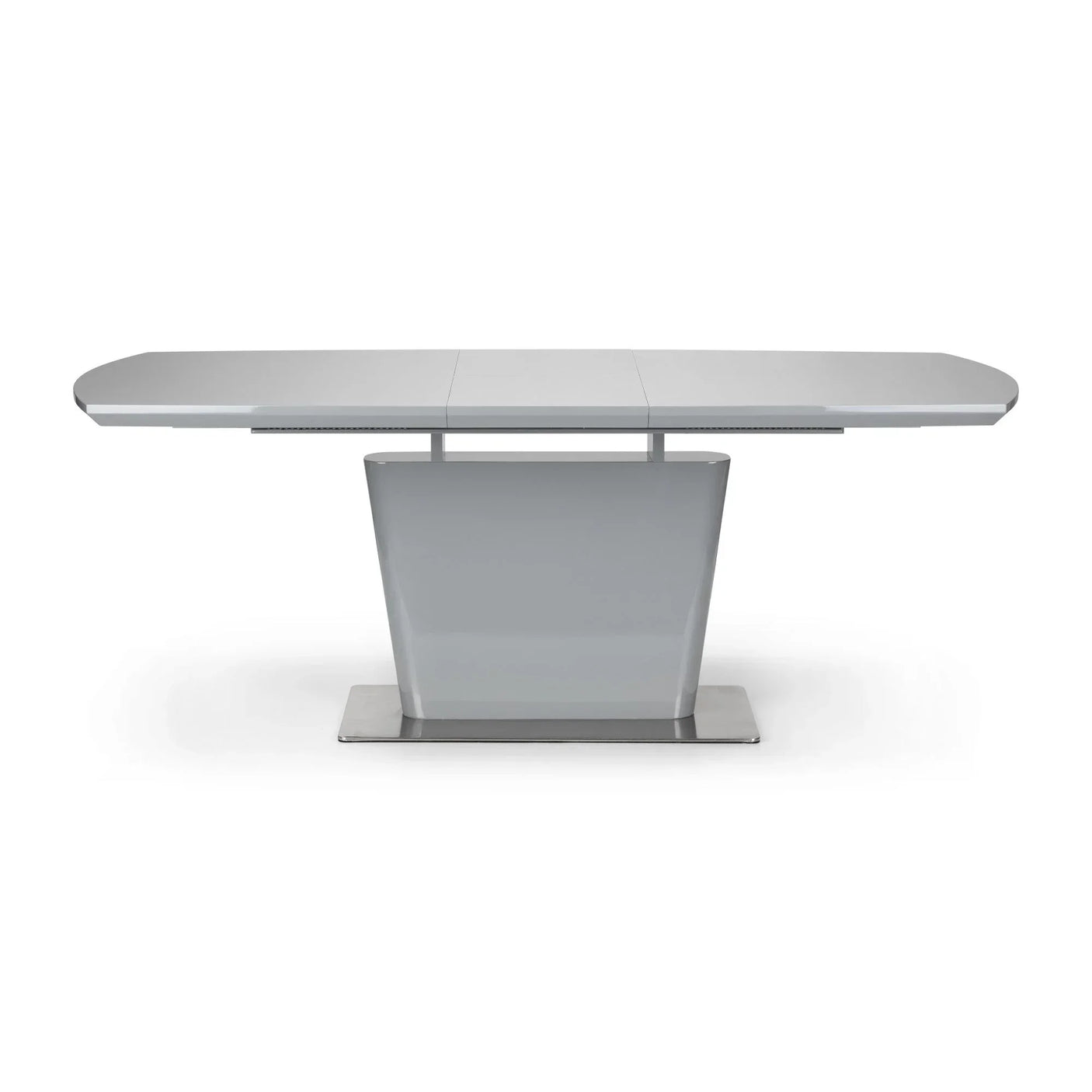 Modern grey dining table with pedestal base and rectangular top, front view