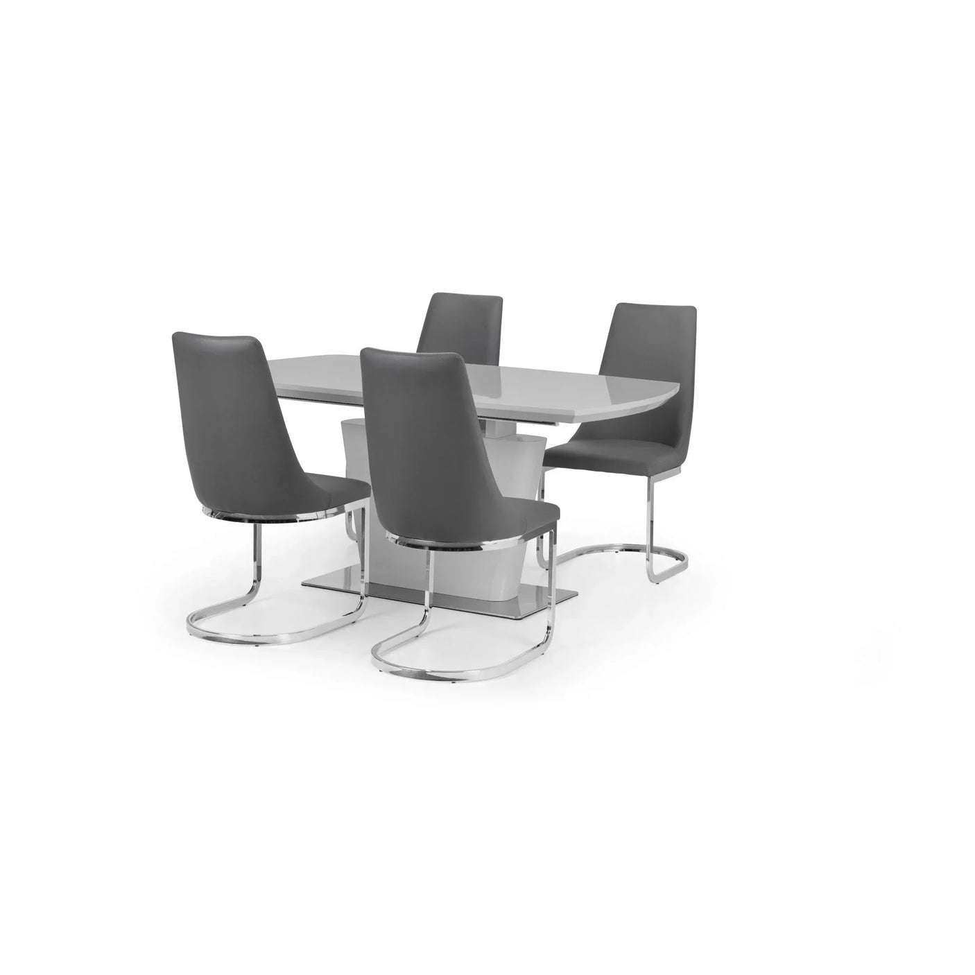 Grey dining table set with four modern chrome leg chairs on white background