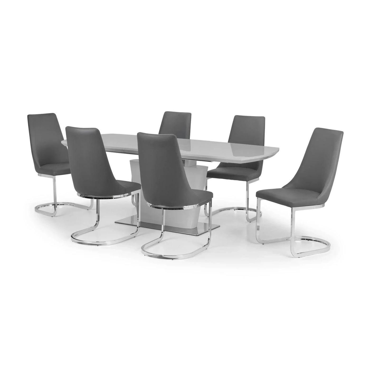 Grey dining table set with six chrome base chairs on white background
