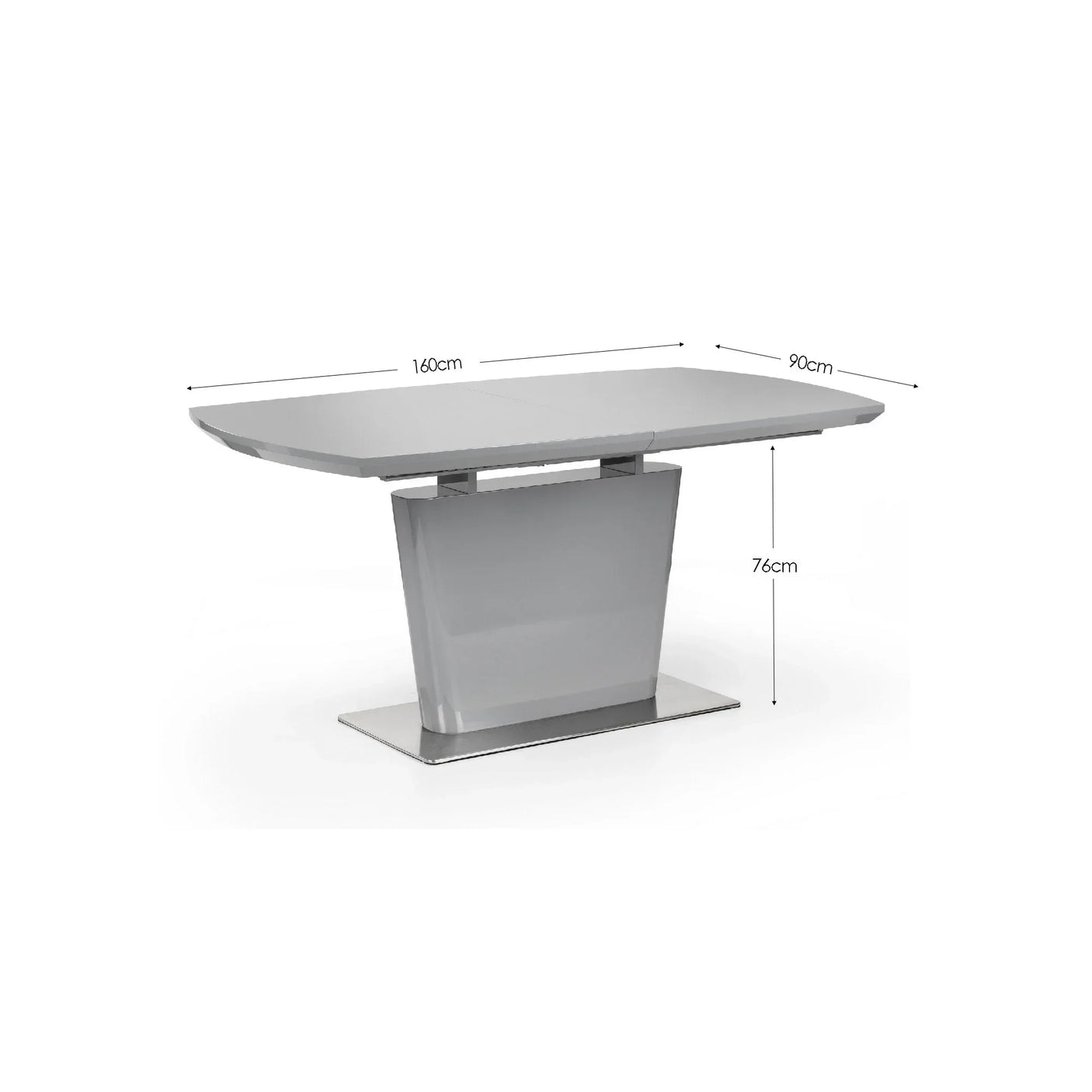 Grey gloss dining table with pedestal base and measurements 160cm x 90cm x 76cm