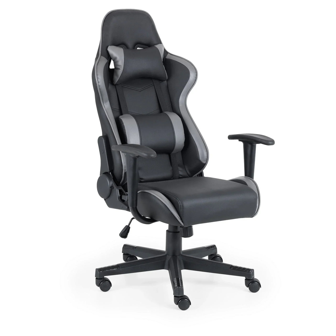 black and grey gaming chair with adjustable armrests and removable cushions on castor base