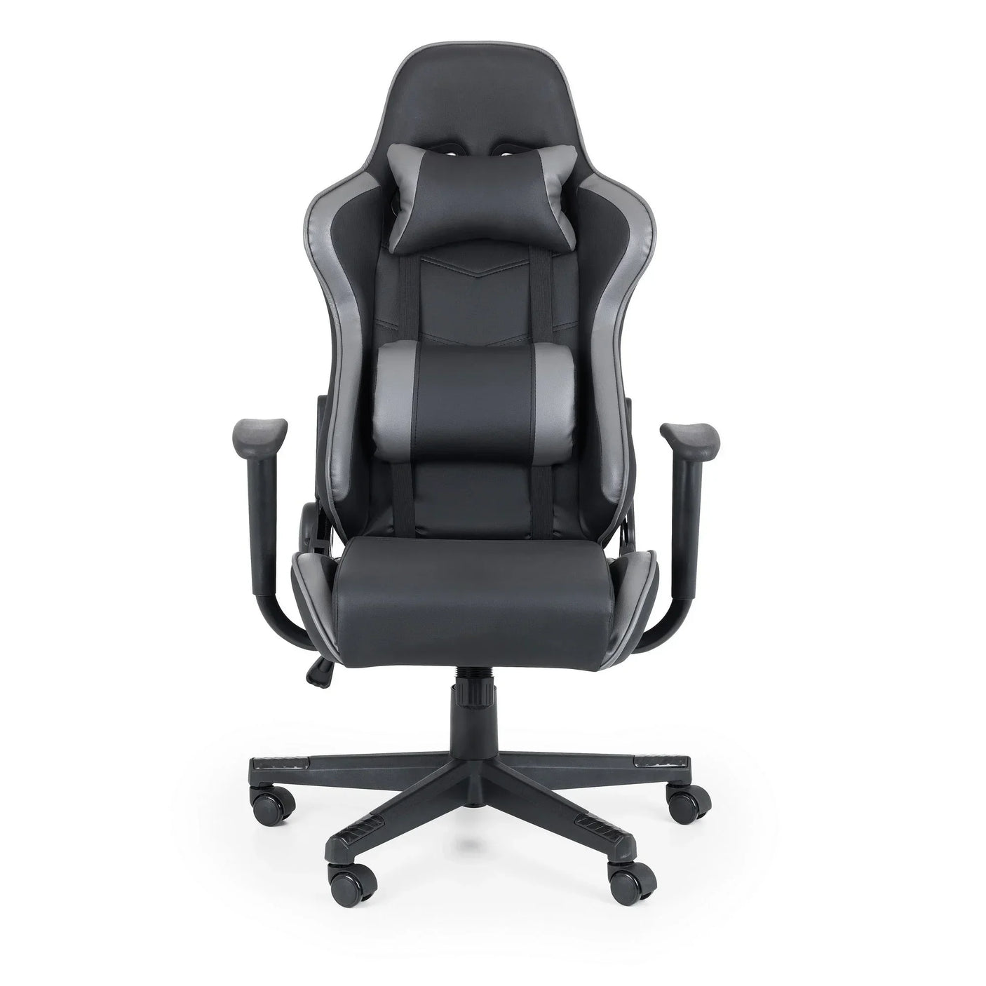 Black and grey gaming chair with adjustable armrests and headrest, front view