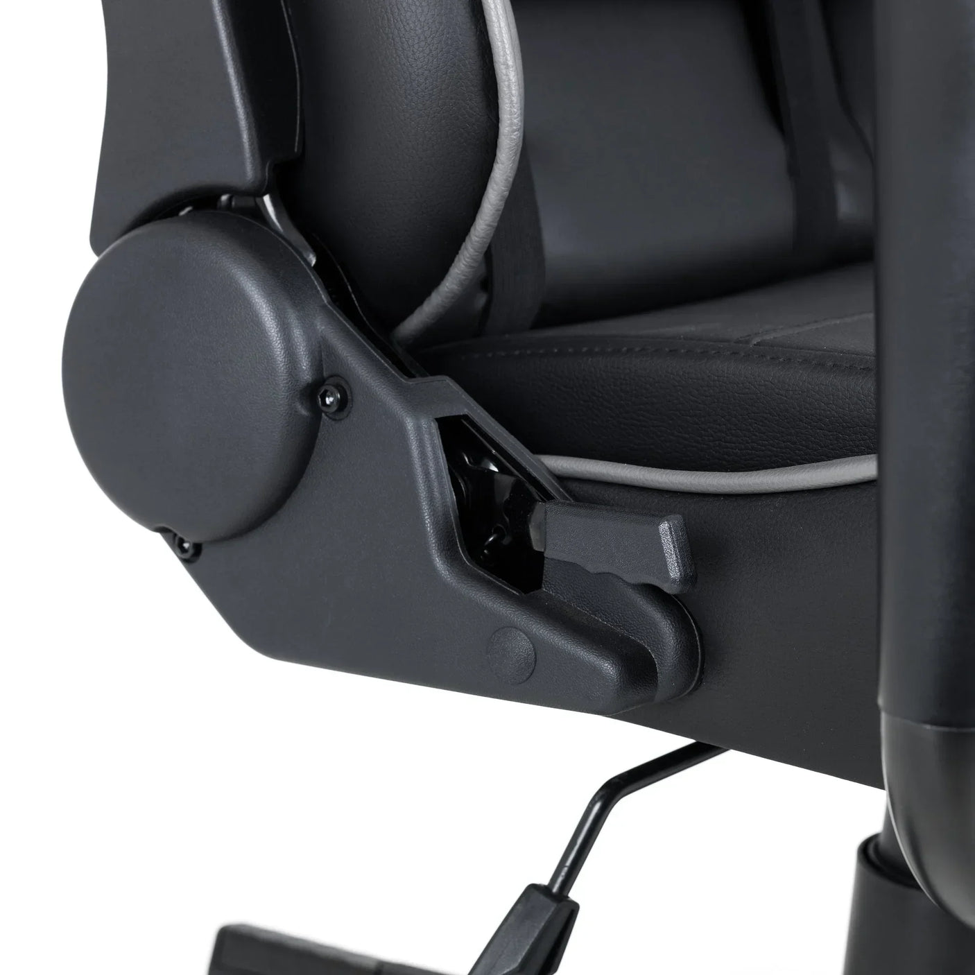 Comet gaming chair adjustable recline mechanism and armrest closeup, black leather finish