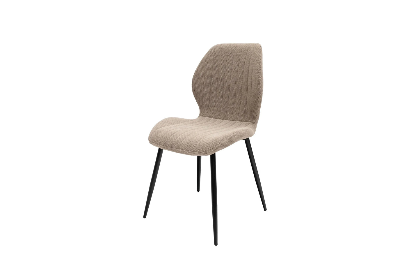 Beige fabric dining chair with black metal legs, angled front view