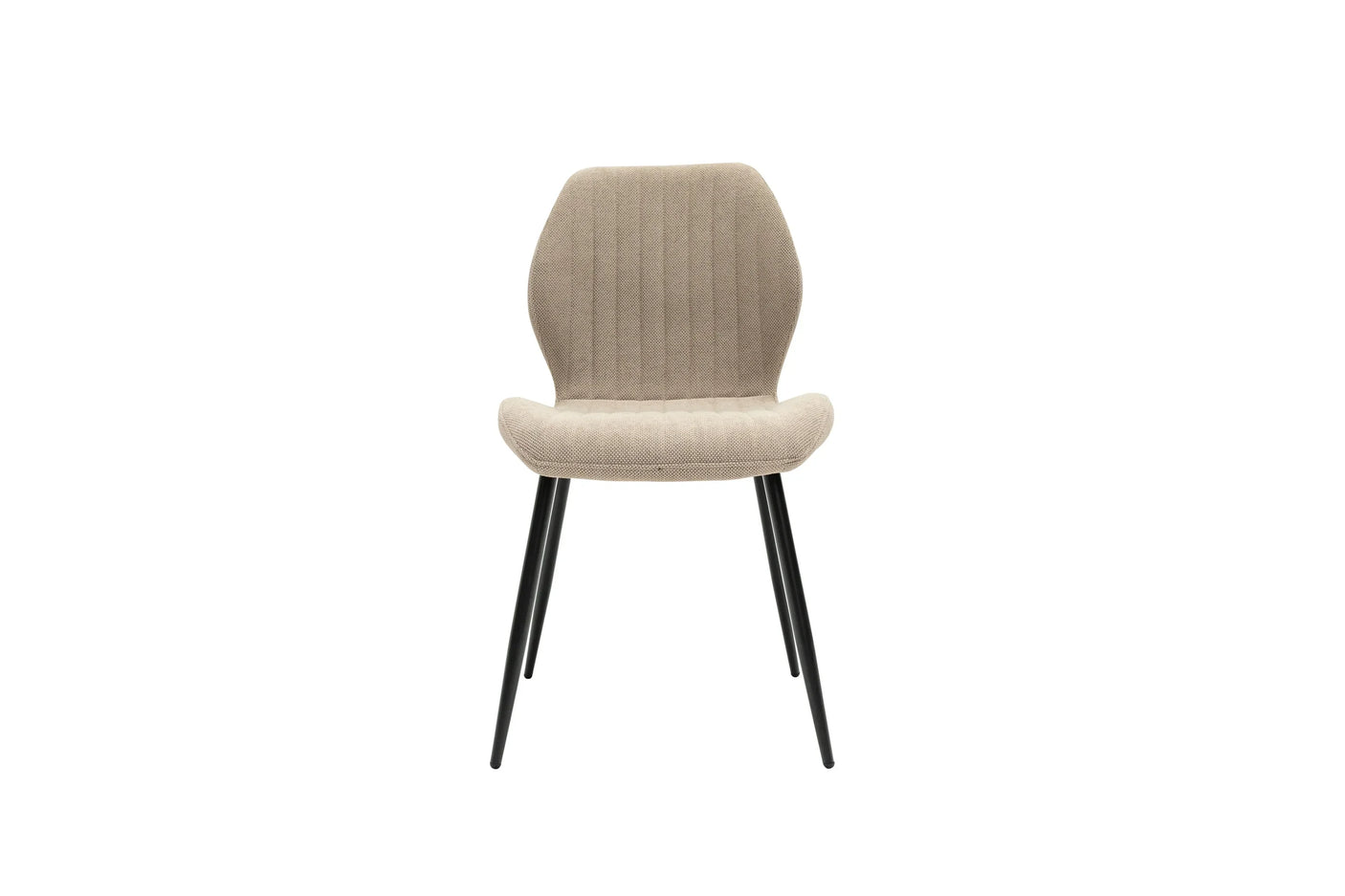 Beige fabric dining chair with black metal legs and curved backrest front view