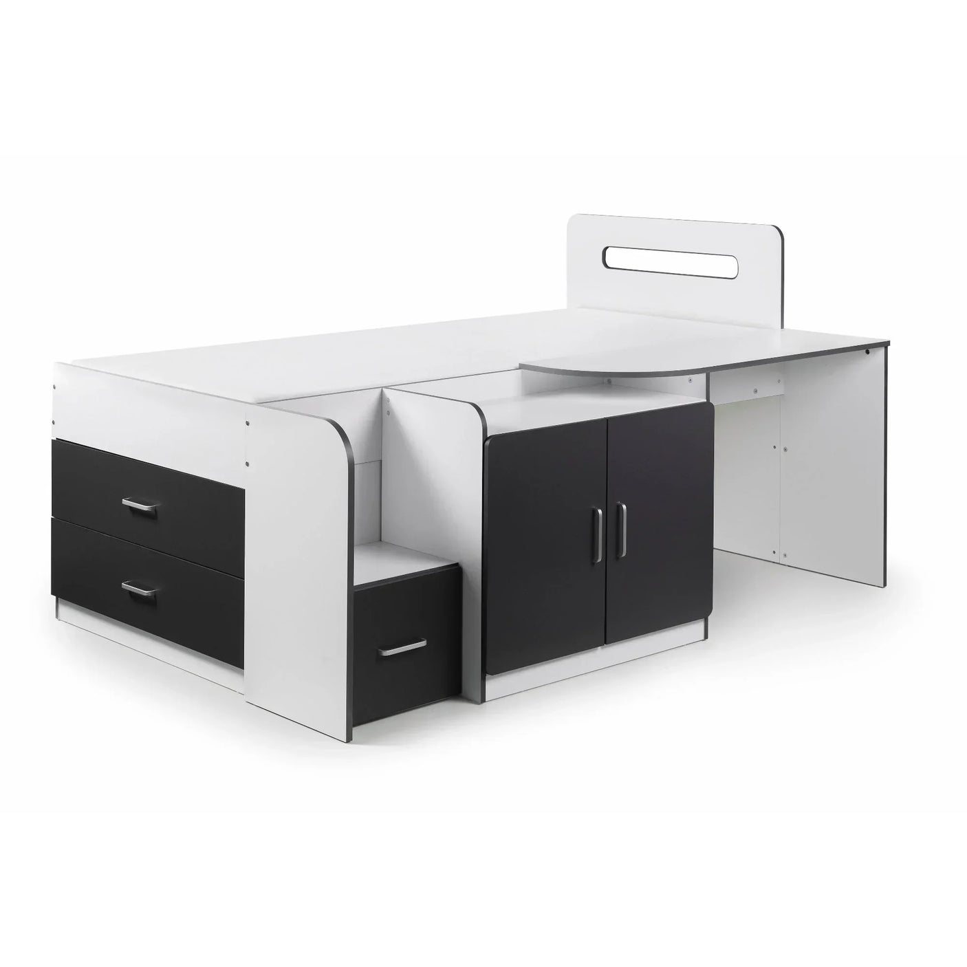 Black and white cabin bed with drawers, cabinet storage, and pull-out desk