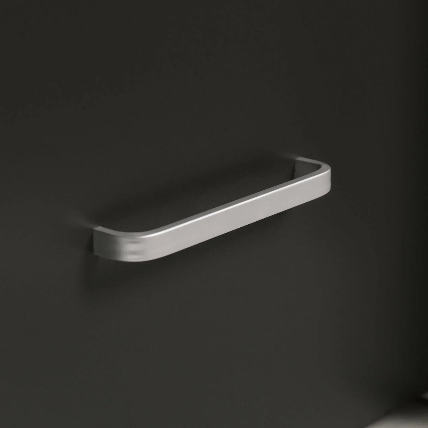 Cookie Cabin bed silver handle detail on matte black panel