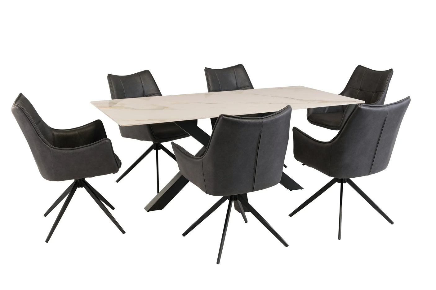Ceramic dining table with marble effect top and six black swivel chairs on metal legs