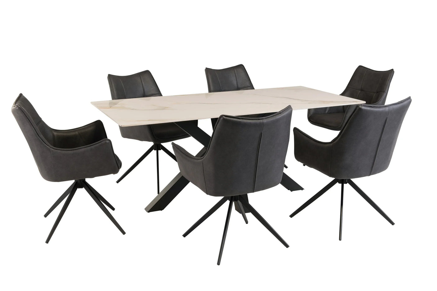 Rectangular ceramic top dining table with six black swivel armchairs on metal bases