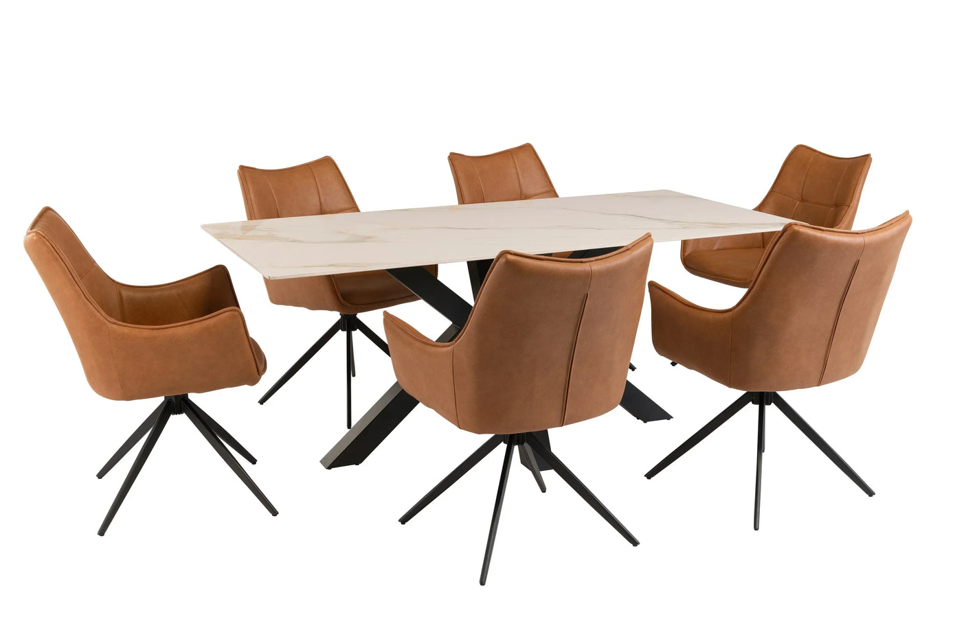 Rectangular marble dining table with six tan swivel dining chairs and black metal legs