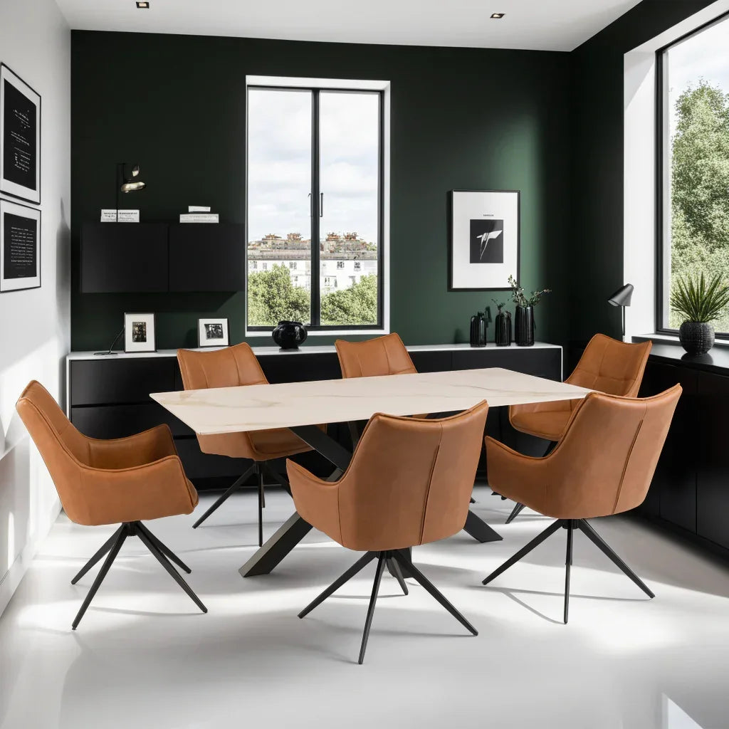Modern dining table with six tan faux leather swivel chairs in a bright contemporary room