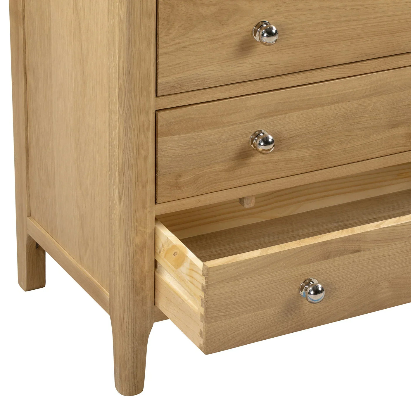 Oak 2 drawer chest with chrome handles, close-up showing open bottom drawer