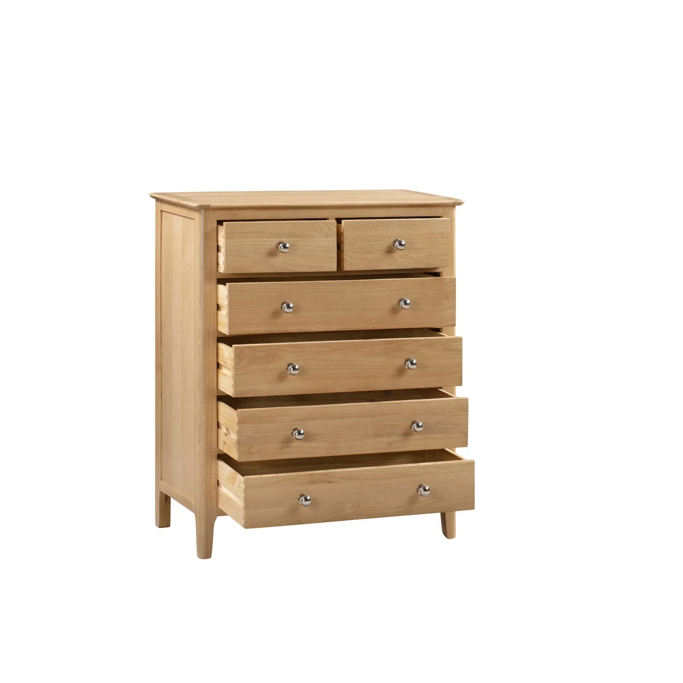 Oak chest of drawers with four large and two small drawers, all partially open