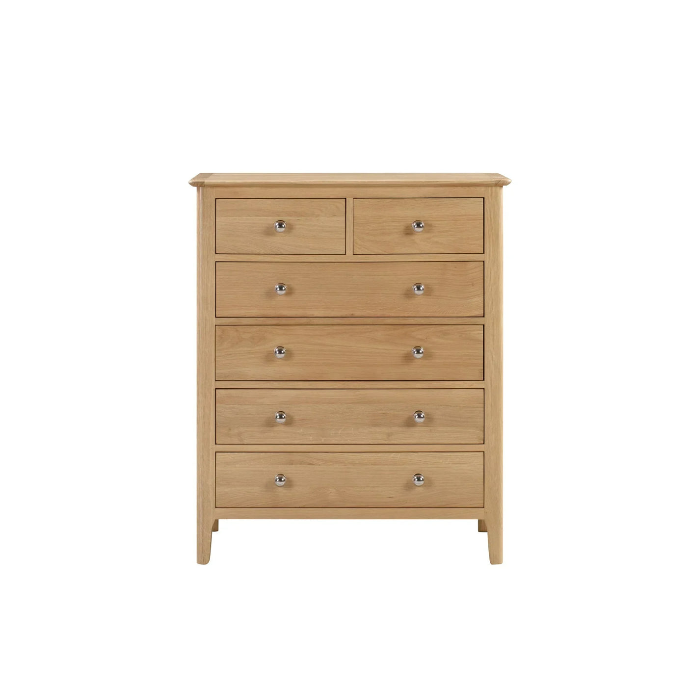 Oak chest of drawers with four large drawers and two smaller drawers, straight front view