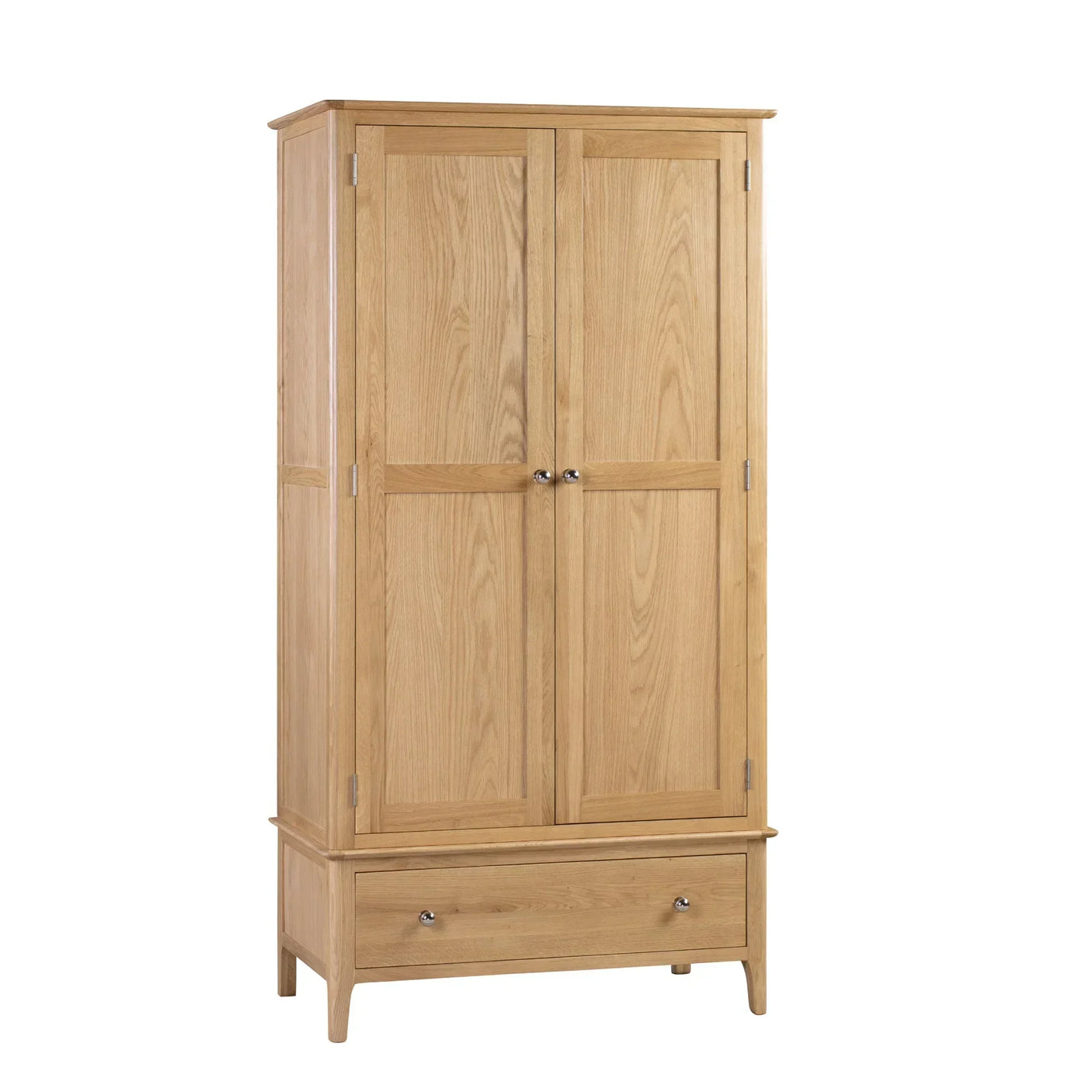 Oak wardrobe with two doors and one lower drawer, brushed metal handles, front view