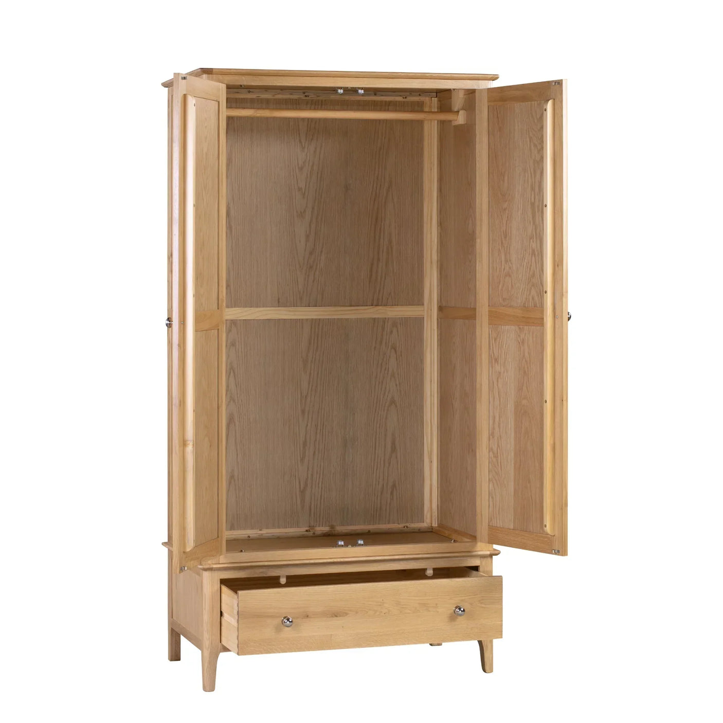Oak wardrobe with two open doors, hanging rail, and lower drawer for storage