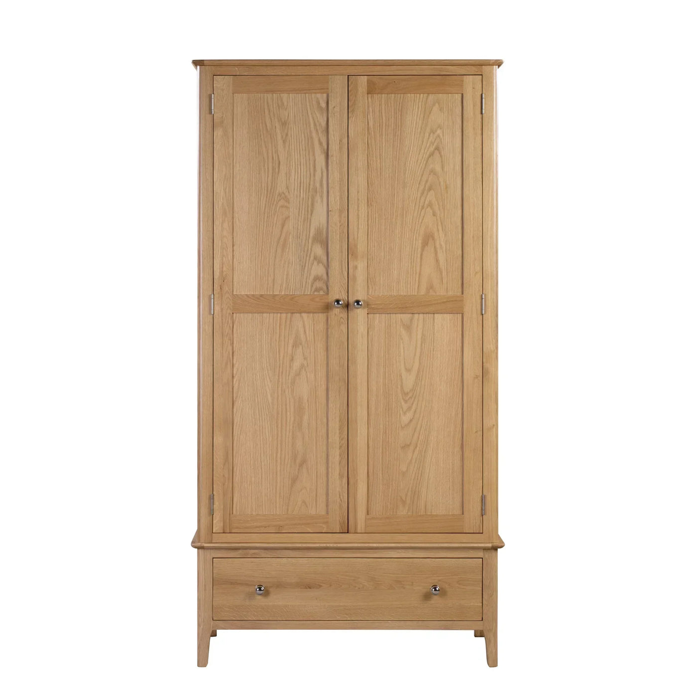 Oak wardrobe with two doors and one lower drawer, front view, natural wood finish