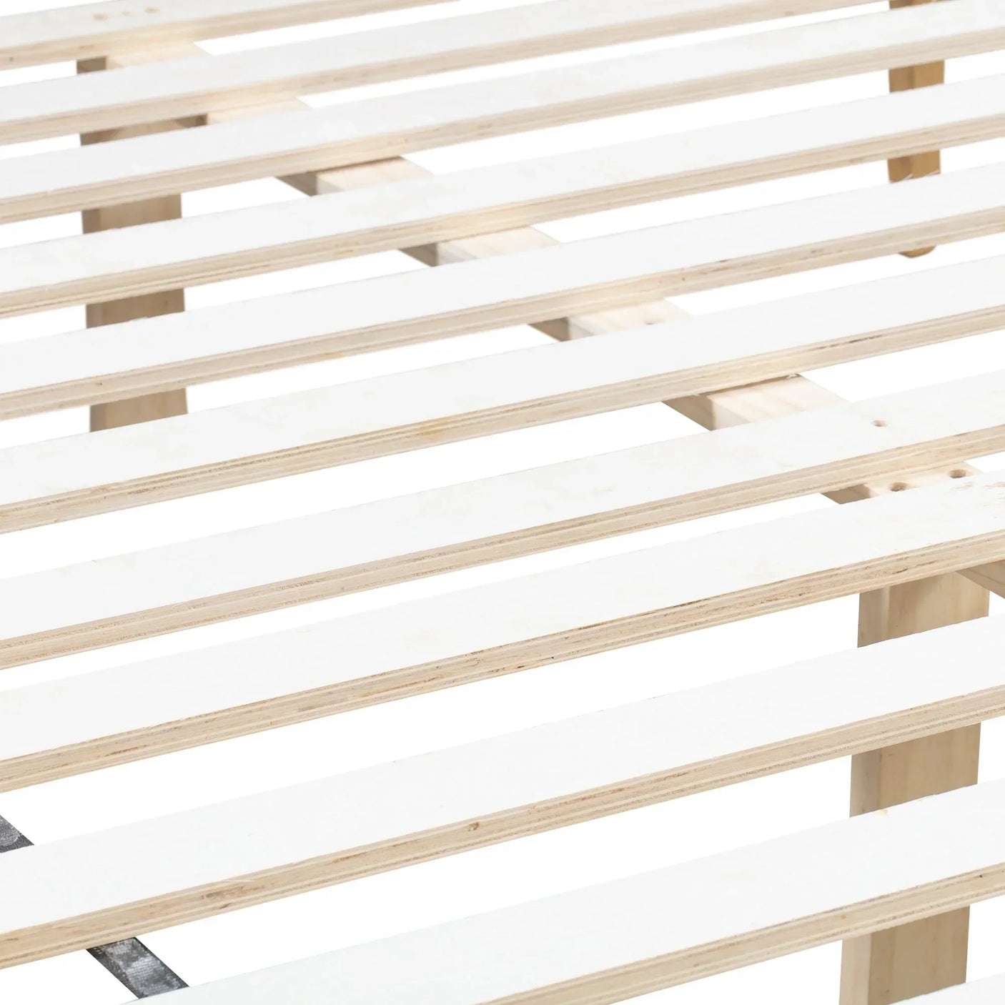 Oak double bed frame slats with natural wood finish, close-up of support base