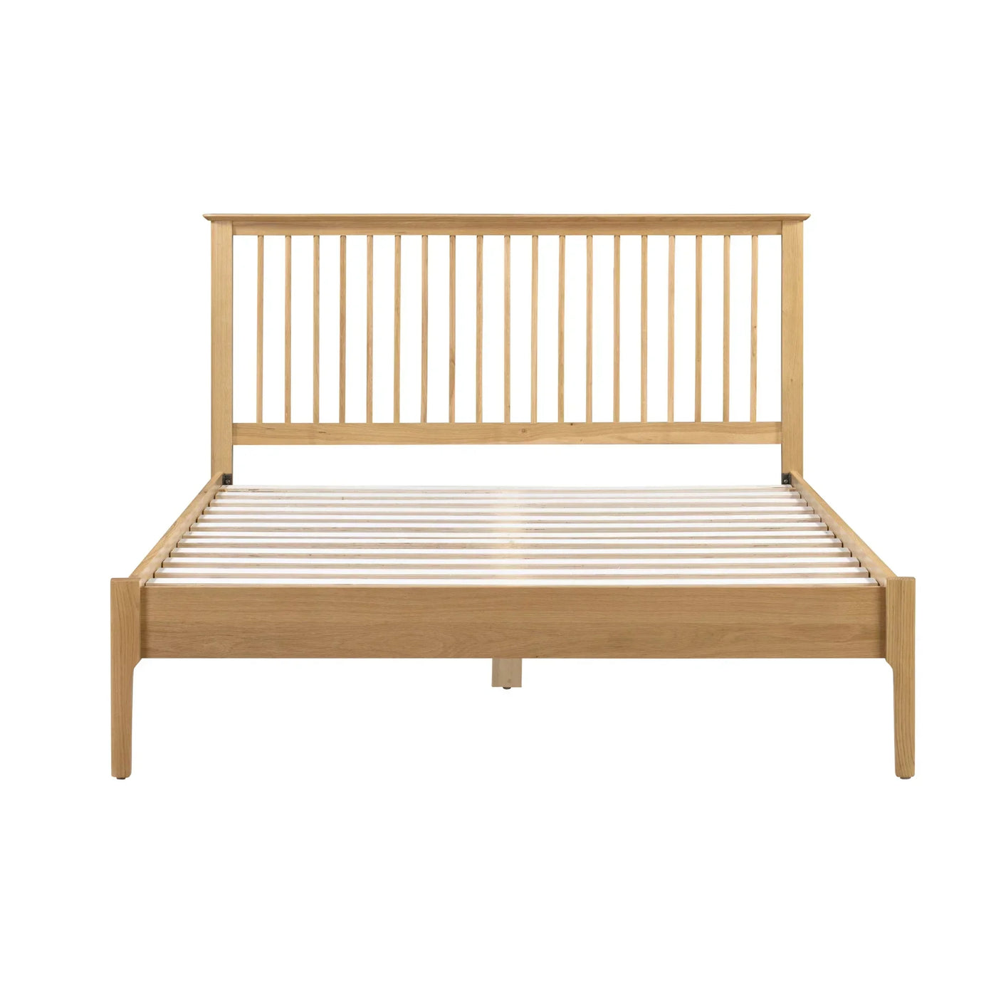 Oak double bed frame with slatted headboard and base, viewed from the front