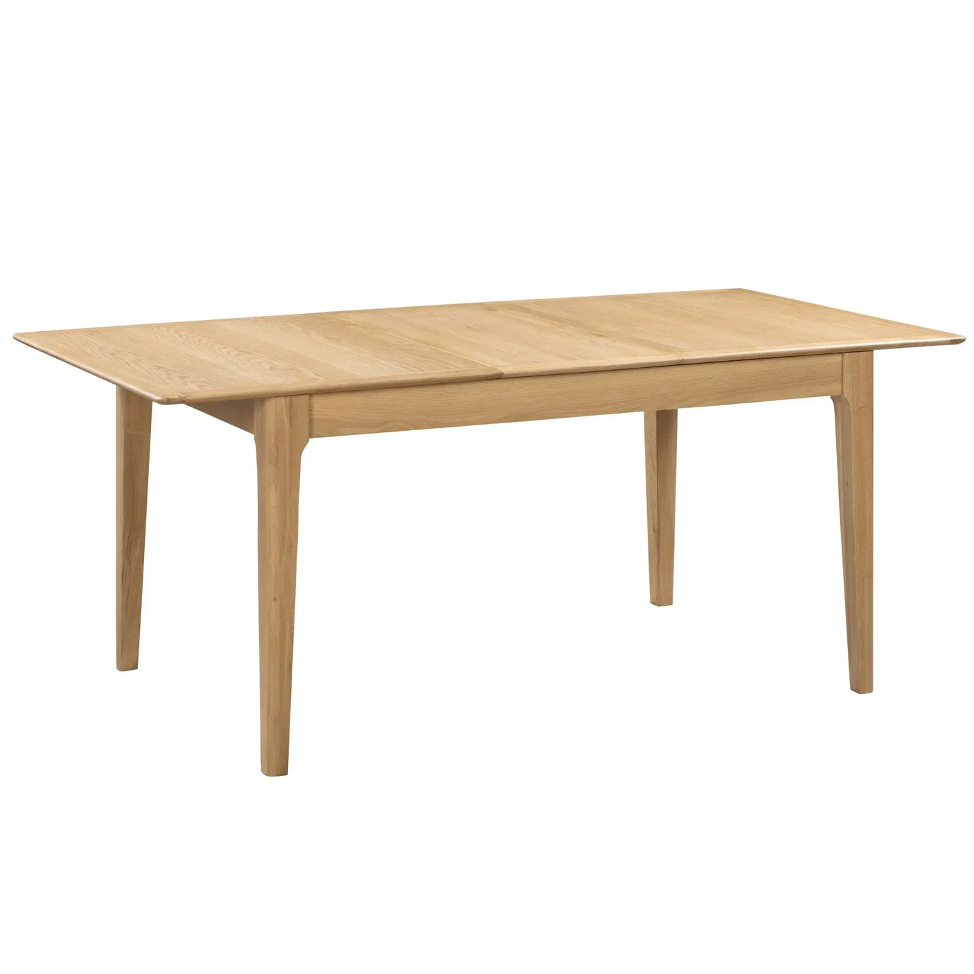 Oak extending dining table with angled legs and rectangular top on white background