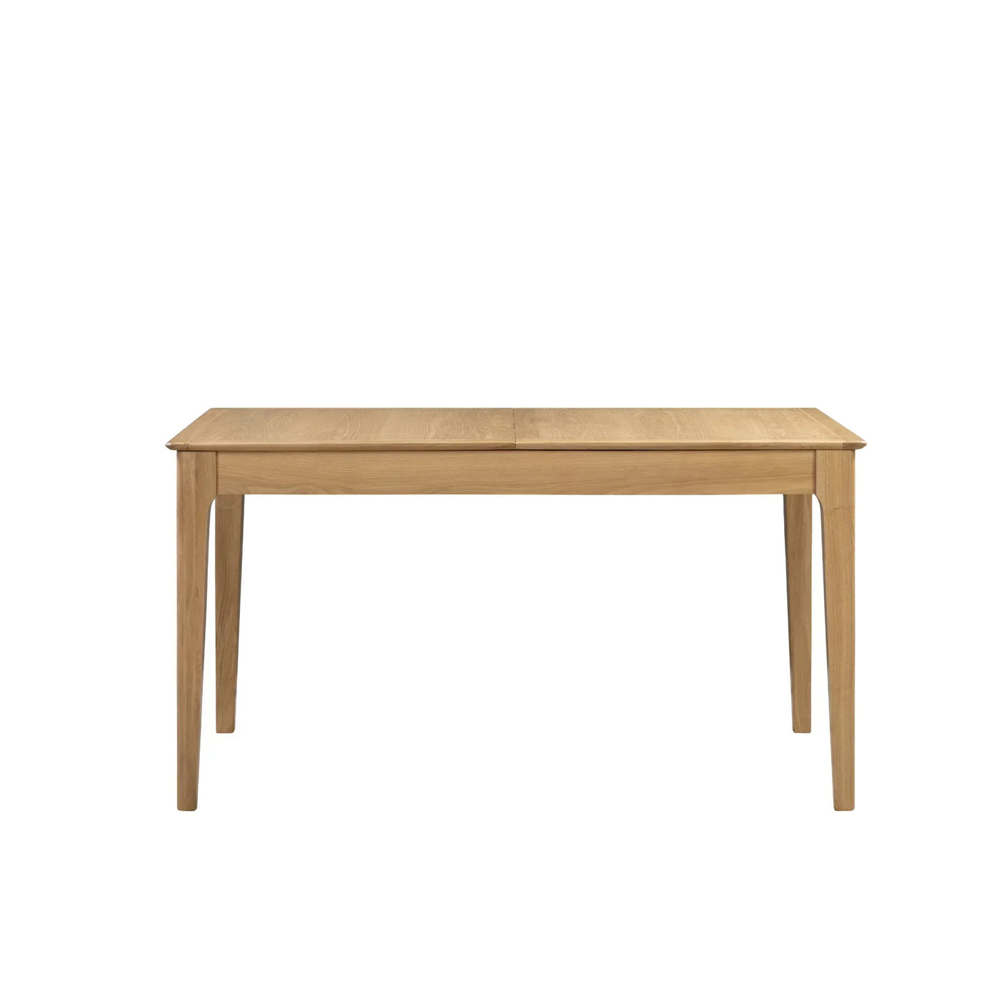 Oak extending dining table with rectangular top and four tapered legs, front view