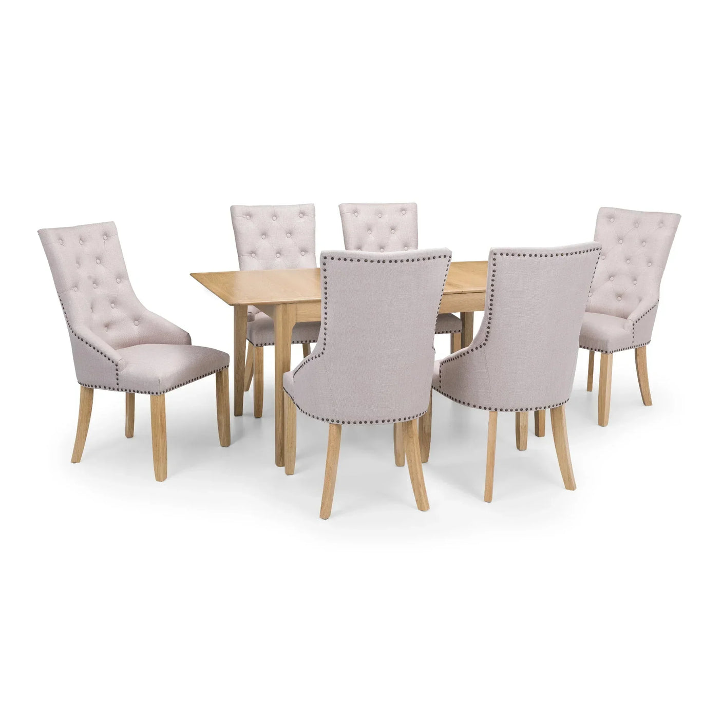Cotswold extending dining table with six beige upholstered chairs, oak finish, front view