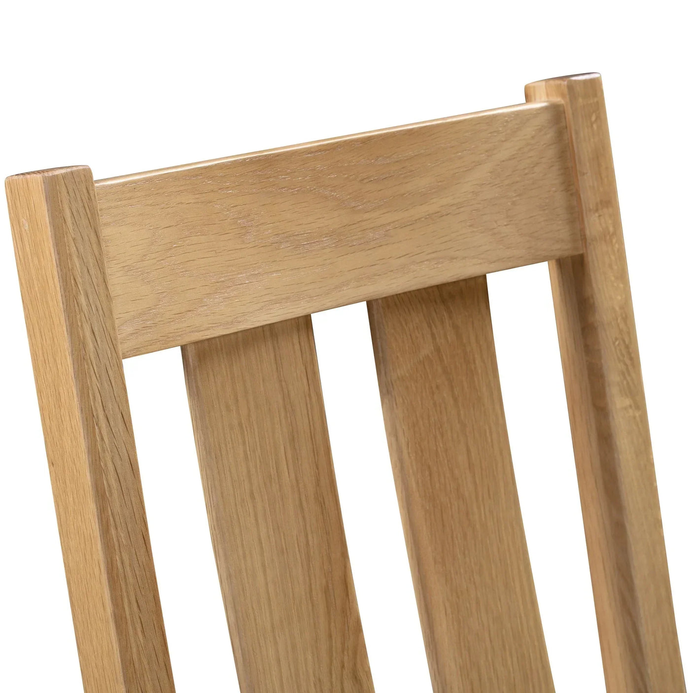 Oak dining chair slatted backrest close up showing wood grain and natural finish