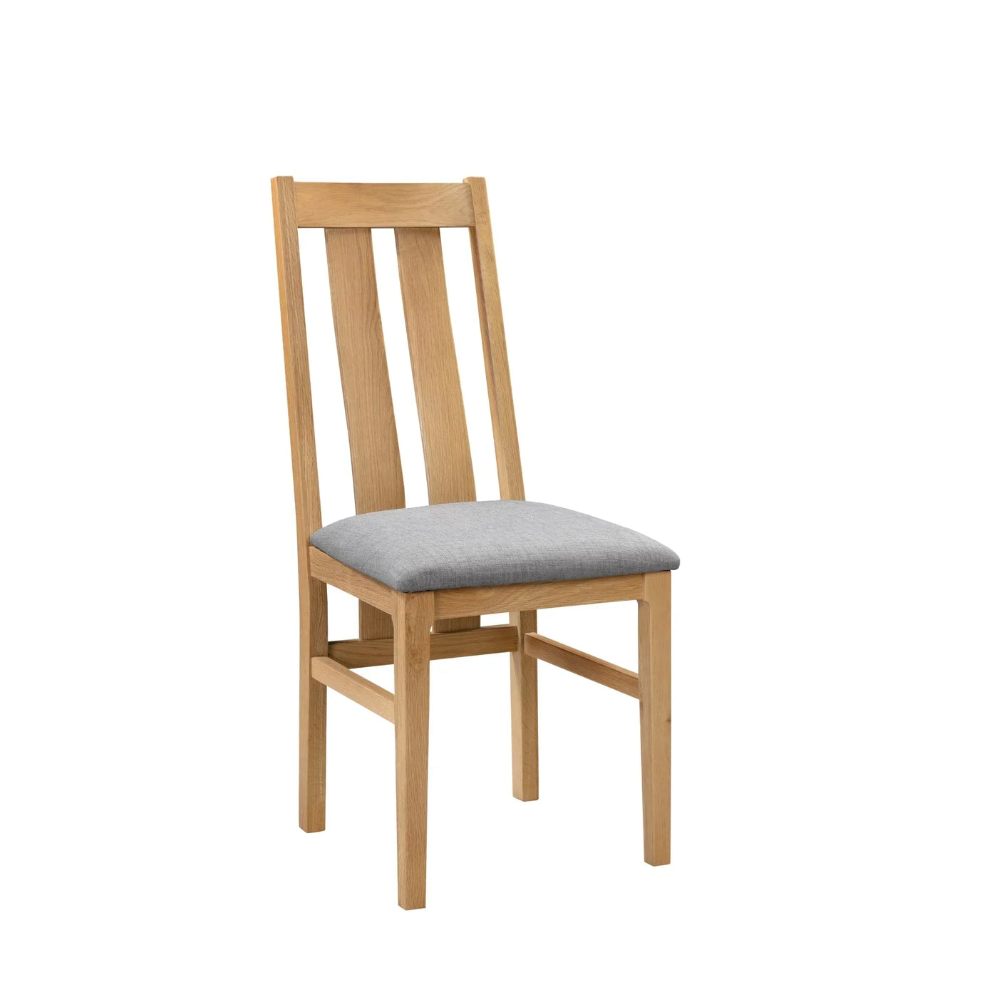 Oak dining chair with slatted back and light grey cushioned seat on white background
