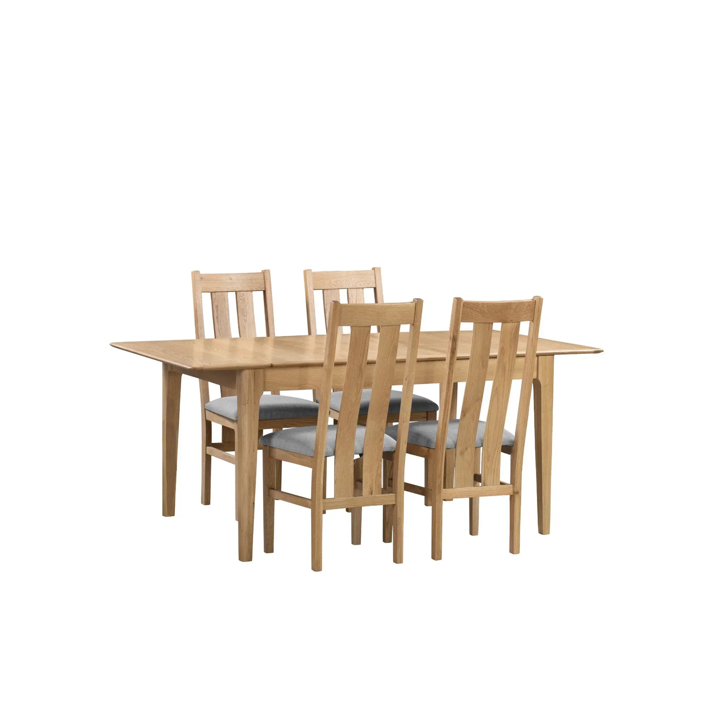 Oak dining table with four matching chairs and grey seat cushions on white background