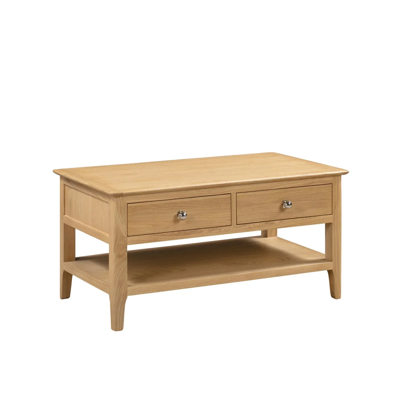 Oak coffee table with two drawers and lower shelf, chrome knobs, front angled view